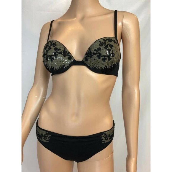 Womens La Perla Black Sequins Bikini Top Bottom Embroidered